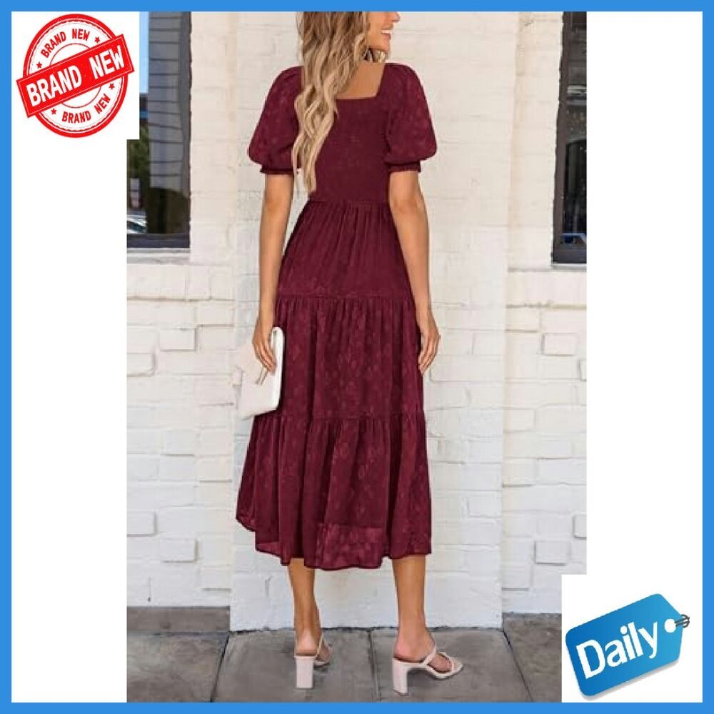 Square Neck Midi Dress with Pockets, Smocked Bodice, Ruffle Sleeves - Picture 3 of 8